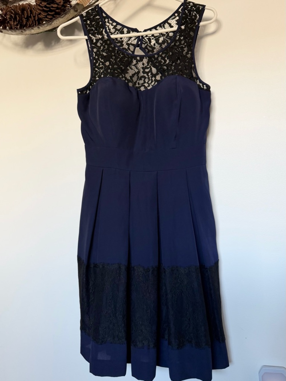 GUESS Navy Midi Dress with Black Lace Insets
